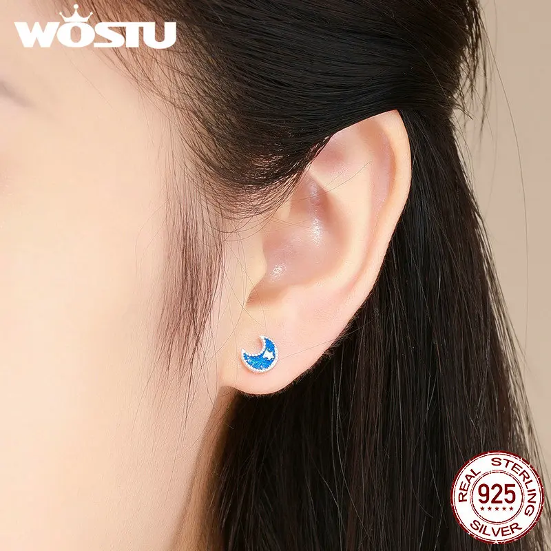 Женские сережки гвоздики WOSTU из настоящего серебра 925 пробы с блестящей Луной и