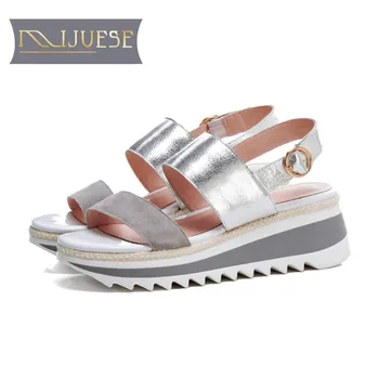 

MLJUESE 2018 women sandals cow leather mixed colors Gladiator open toe wedges high heels pumps casual sandals party