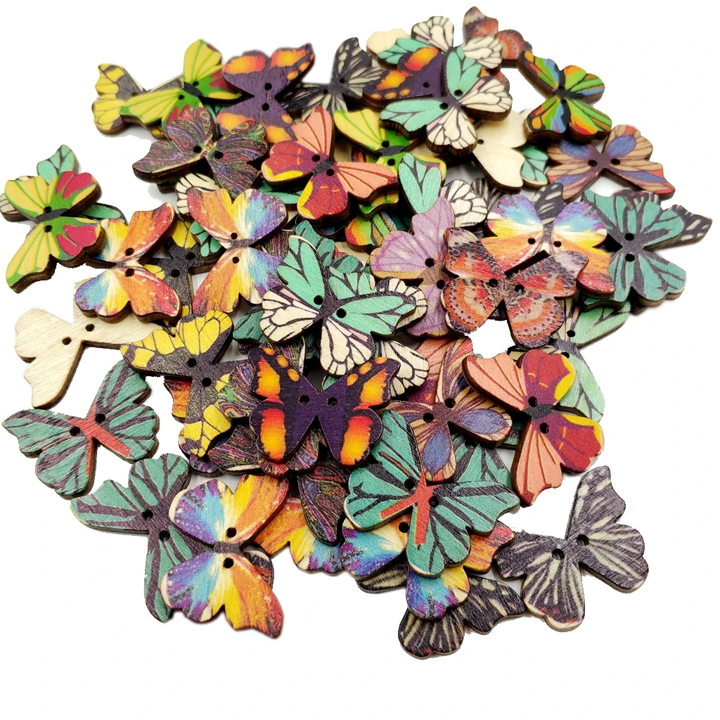 50pcs Vintage Wood Buttons 2 Holes Butterfly Buttons for Sewing Scrapbooking