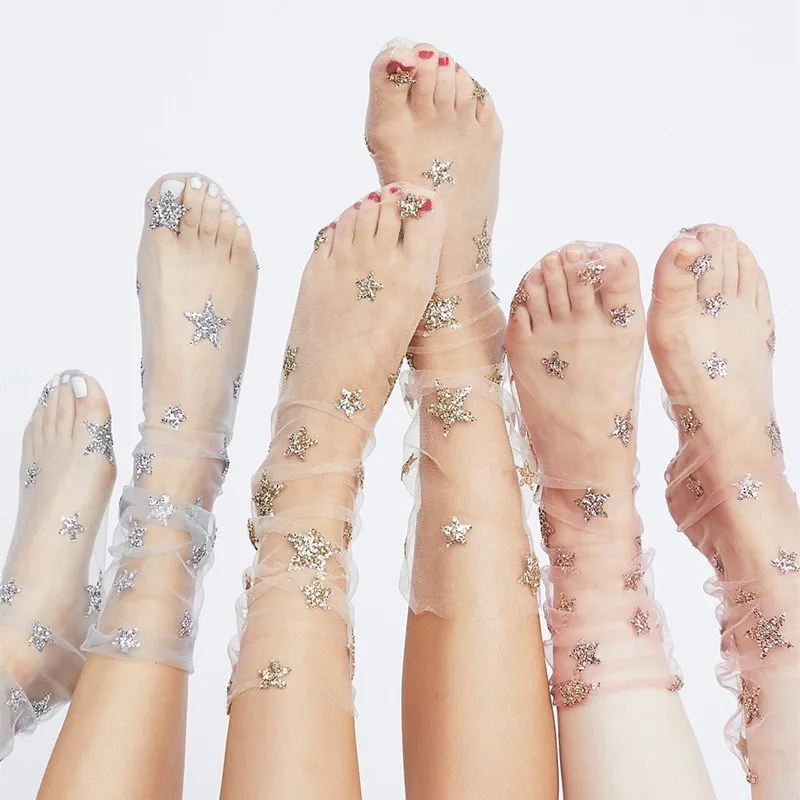

2Pair Summer Sexy Womens Transparent Ankle Short Socks Soft Mesh Glitter Star Patterned Socks Elastic Ultra Thin Fishnet Hosiery