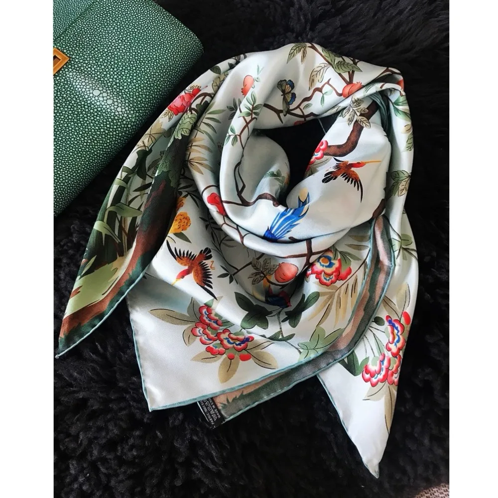 

Spring Floral Large Square 100% Silk Scarf Shawl Foulard Hijab Head Scarves for Women 90*90cm