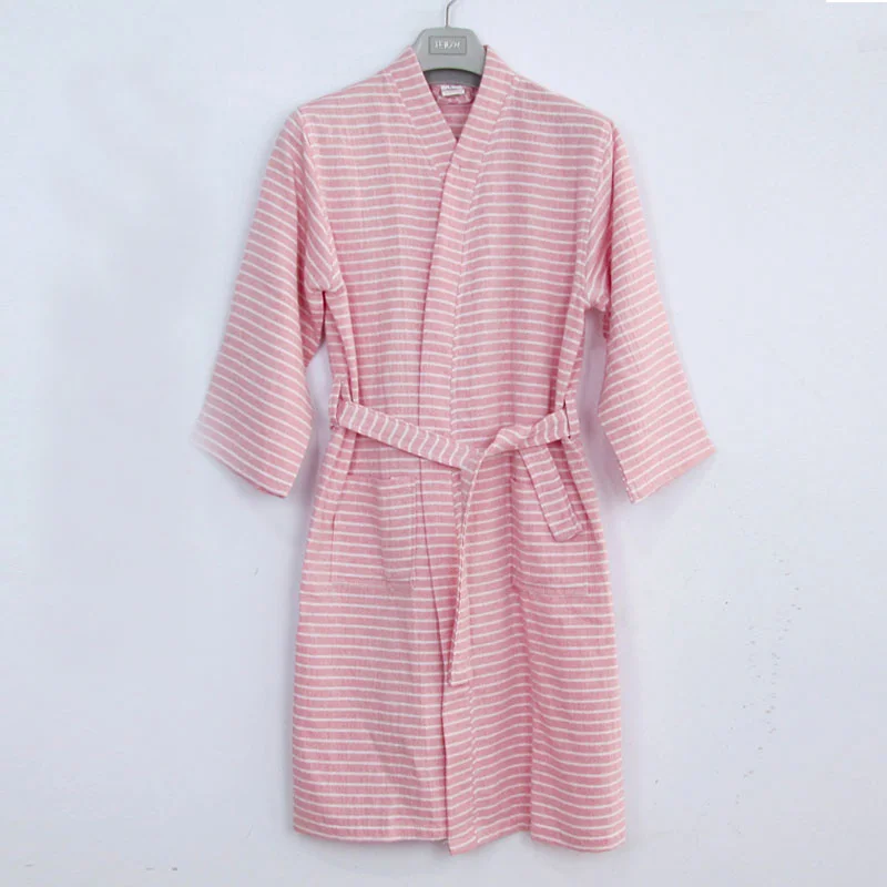 Лето Осень новинка Хлопок халаты двухслойные марлевые кимоно в клетку ночная рубашка свободный большой размер Домашний банный халат халаты - Цвет: pink stripe