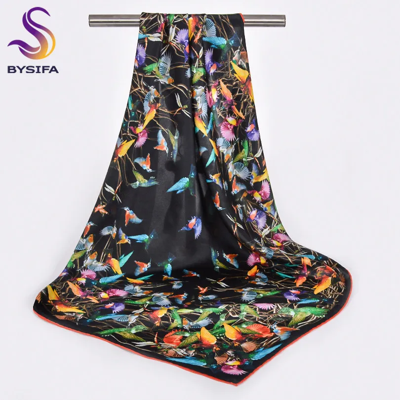 [BYSIFA] фиолетовый женский шёлковый шарф, модный бренд аксессуаров натуральный шелк шарфы шали осень зима женский головной хиджаб шарф - Цвет: black birds