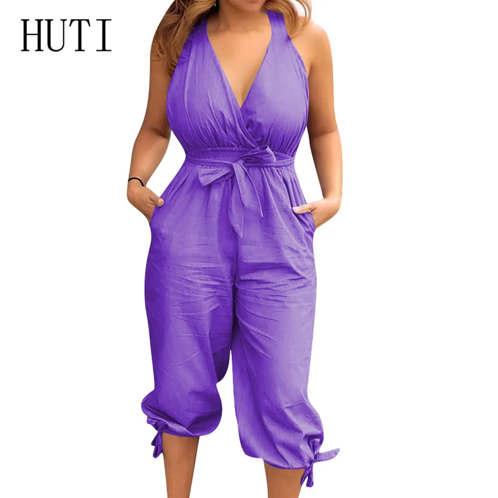 

HUTI Summer Sexy Jumpsuits Women Rompers Elegant Belt Bandage Cropped Trousers Women Hollow Out Casual Streetwear Playsuits