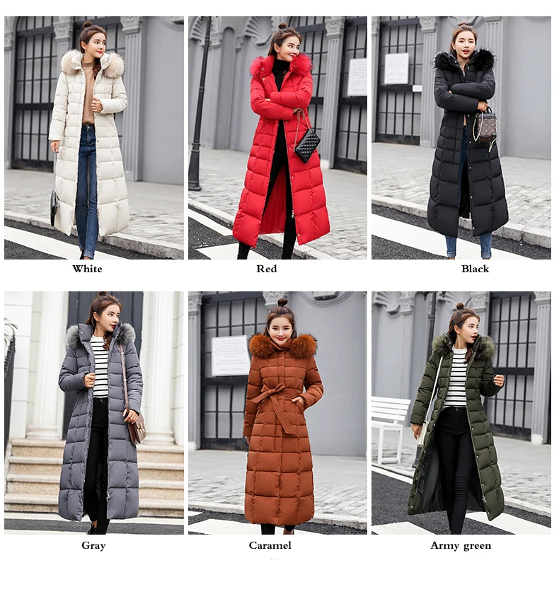 Новинка, Европейский стиль,, длинные зимние куртки для женщин, уплотненное пальто с меховым воротником, теплая тонкая верхняя одежда с капюшоном, парки с поясом размера плюс