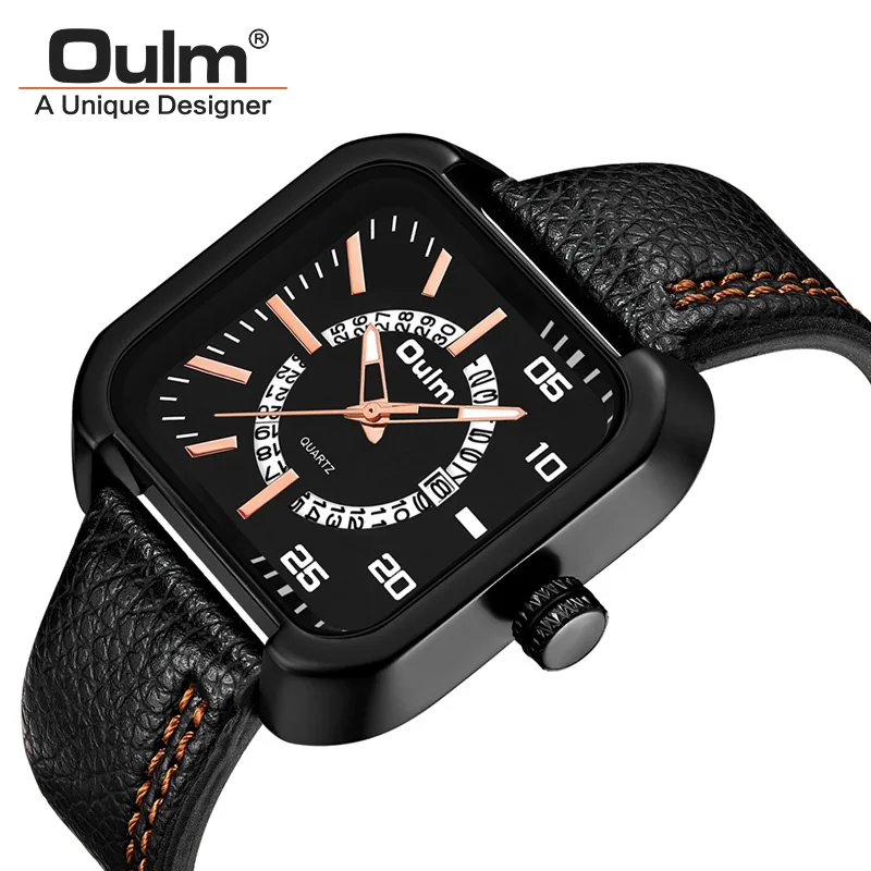 

Oulm Luxury Brand Military Square Watch Men Date Analog Quartz Wrist Watch Leather Clock Man New Men Watch erkek kol saati