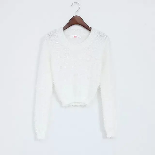 Для женщин обтягивающие эластические с высокой талией короткие меховые из искусственного меха пупка с длинным рукавом пуловер по всей поверхности Пушистый Короткий Свитер - Цвет: white