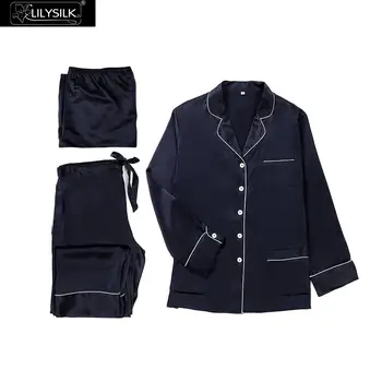 

LilySilk 100 Silk Pajamas Set 3pcs Women Feminino Silk 22 momme Luxury Chic Trimmed Long Women's Clothing Free Shipping