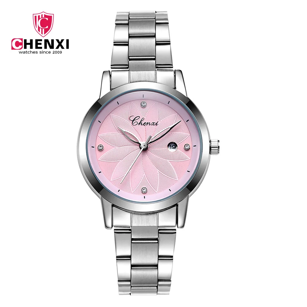CHENXI Лидирующий бренд Для женщин часы розовый серебряный Нержавеющая сталь Водонепроницаемый простой минимализм женские кварцевые