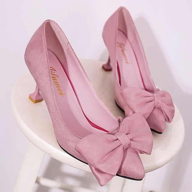 Women Pumps Shoes Suede Bow Tie Wedding Thin High Heels Stiletto Sapato Feminino Luxury Brand Pink | Обувь