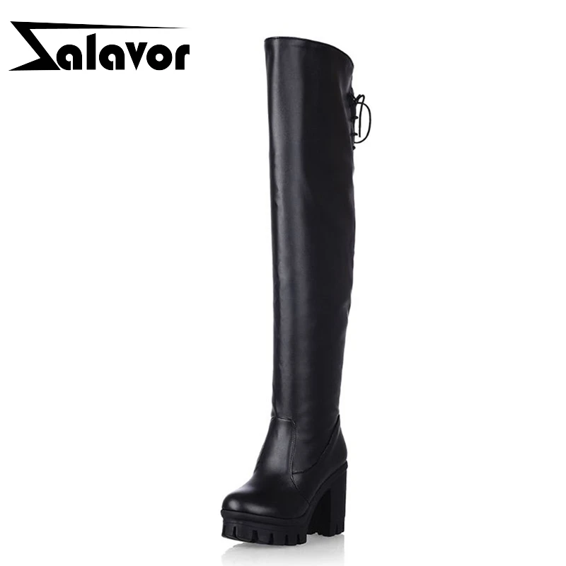 

ZALAVOR Winter Warm Over Knee Boots Women Platform Square High Heels Shoes Woman Lace Up Black Thigh High Boots Size 33-42