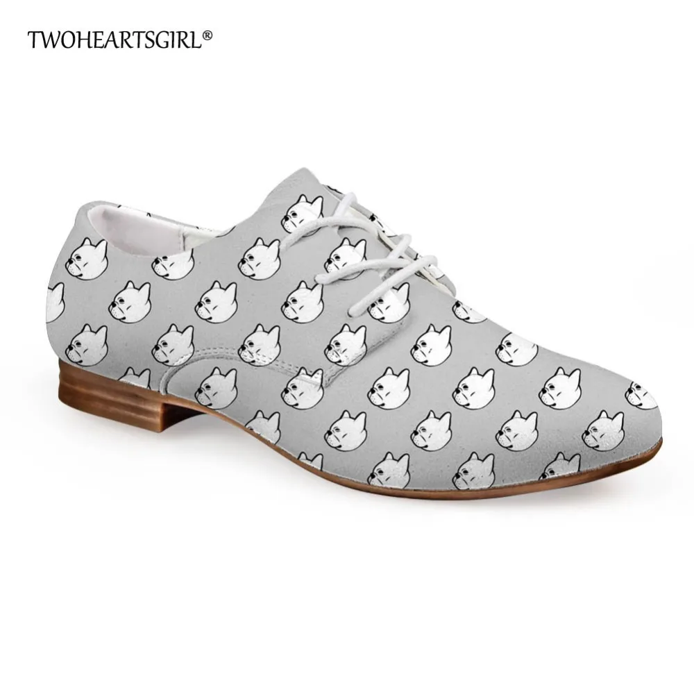

Twoheartsgirl Grey French Bulldog Oxford Shoes for Women Soft Female Ladies Pu Leather Shoes Comfortable Women Flat Shoes Plus