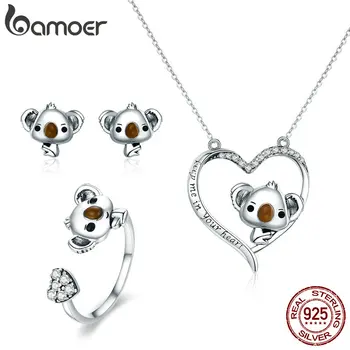 

BAMOER 100% Real 925 Sterling Silver Cute Bear Koala Animal Collection Girls Jewelry Set Sterling Silver Jewelry Gift ZHS062
