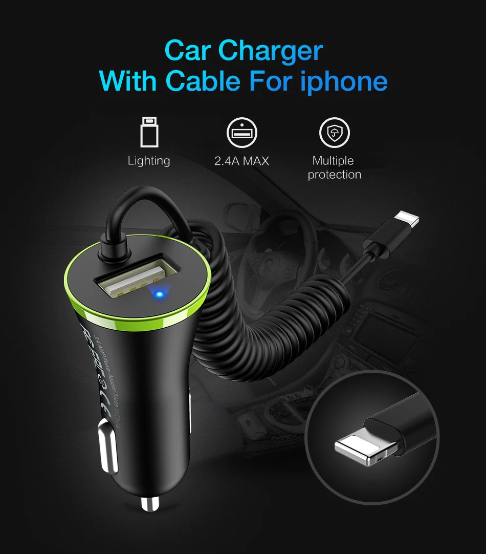 universal car charger 5V2.4A Fast USB Port Mobile Phone car-charger With Cable For iPhone 6 7 6S 8 Plus For Samsung S8 7 (1)