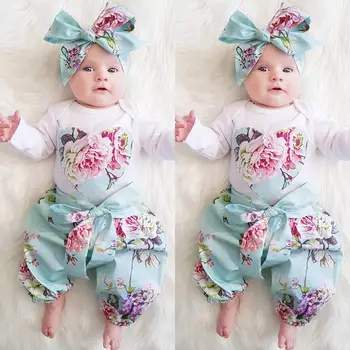 

Baby Bodysuit White+ Floral Trousers Pants+ Bow Knot Set Long Sleeve Baby Body Suit Newborn Baby Girl Clothes Infant Clothing