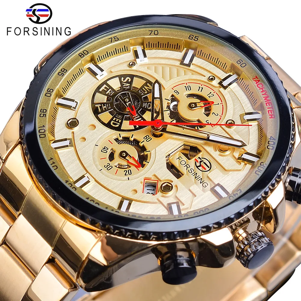 

FORSINING Golden Automatic Mechanical Mens Watch Racing Sports Design 3 Dials Multifunction Date Stainless Steel Band Wristwatch