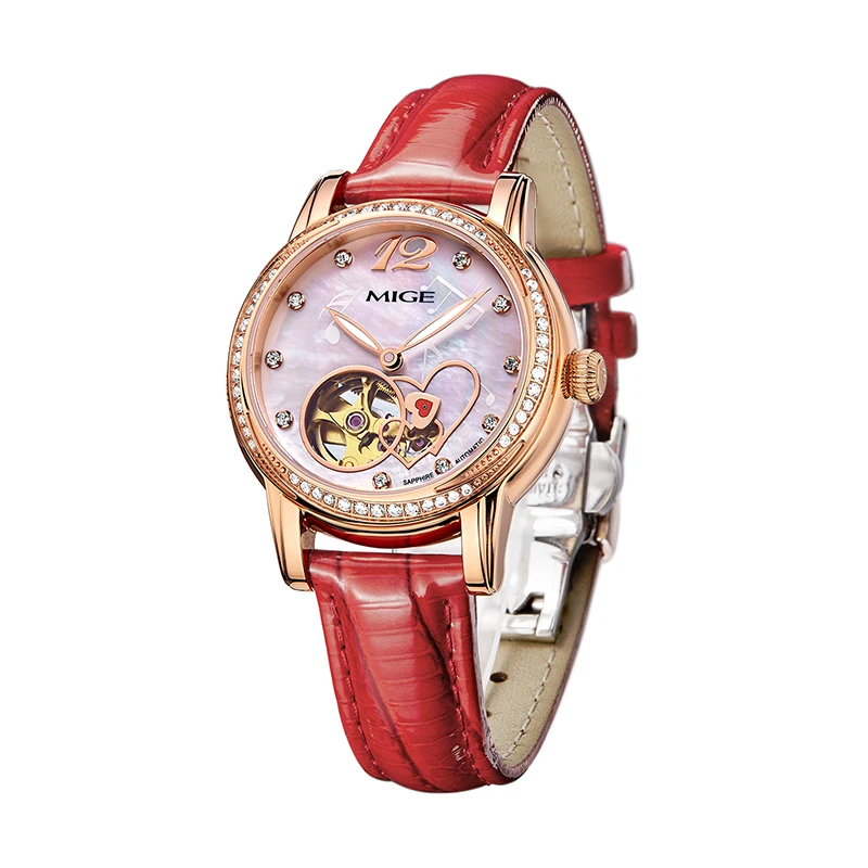 Mige 2017 New Real Mechanical Ladies font b Watch b font Fashion White Red Leather Female