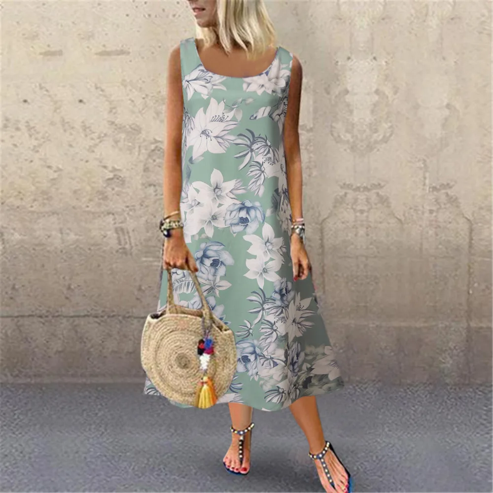 2019 woman summer sexy beach dress long round neck print sleeveless mini beach dress plus size sexy beach dress cover up 40J3 (8)