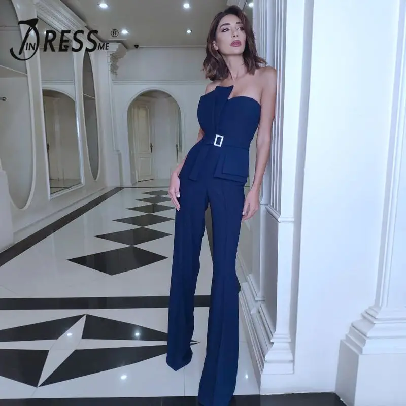 

INDRESSME 2019 New Sexy Wrapped Sashes With Buckle Strapless Jumpsuit One-piece Wide Legs Pants