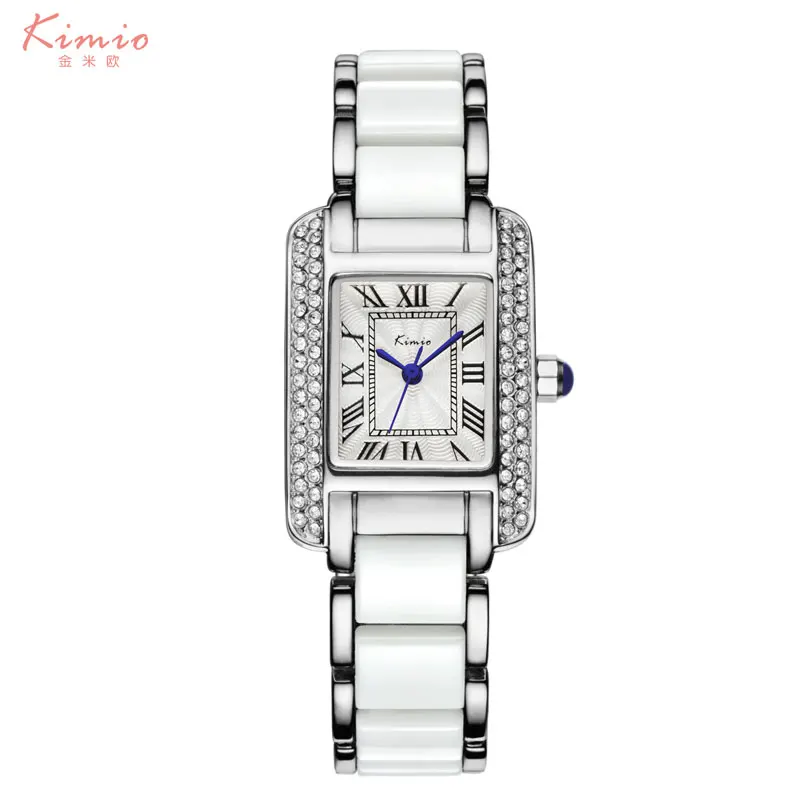 Kimio женские часы с римскими цифрами, стразы, модные женские часы с кристаллами, Черные Керамические Золотые Роскошные водонепроницаемые часы с бриллиантами - Цвет: white silver