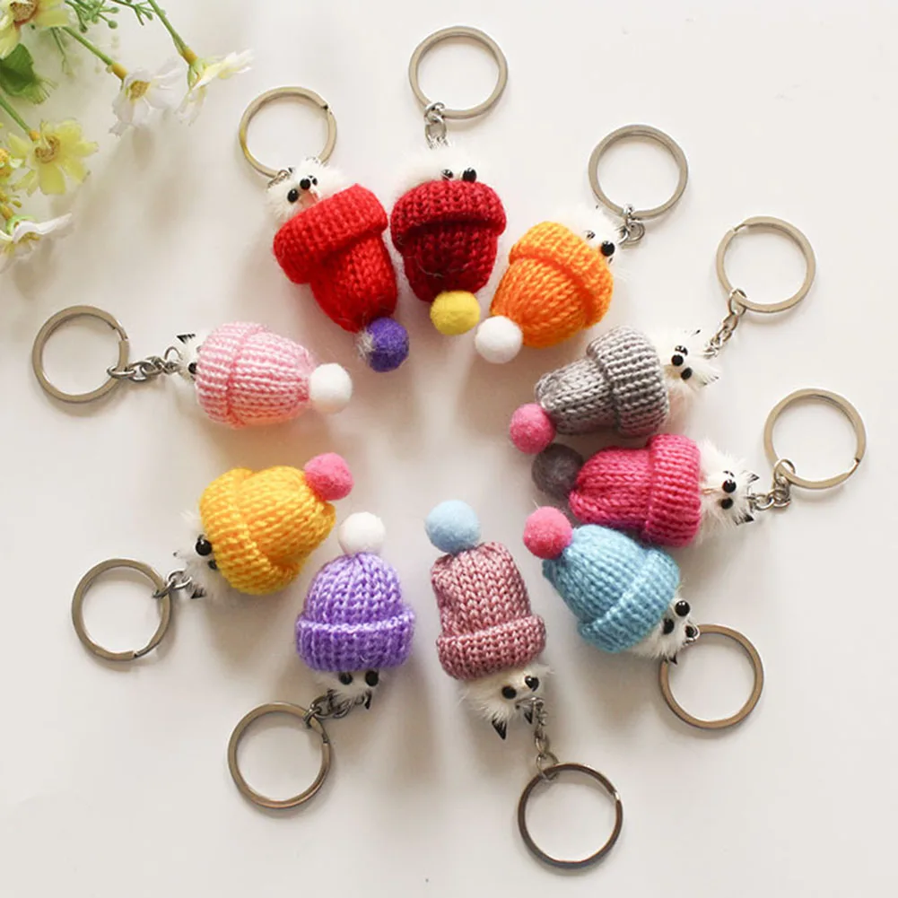 

1Pc Random Color Cute Fox Key Ring Mink Fur Knitted Hat Keychain On Bag Little Fox Car Keychains For Couples Gift Keyring