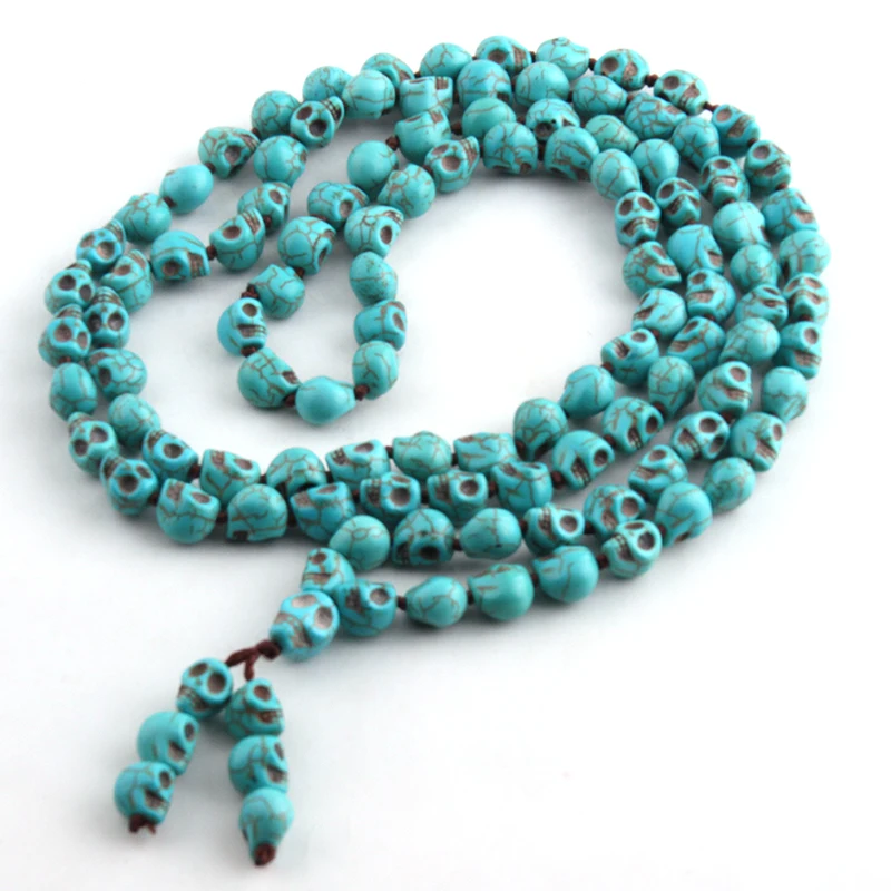 

Free Shipping Bohemian Jewelry Blue Long Knotted Tibetan Buddhism 108 bone Skull Heads Prayer Bead Mala Necklace