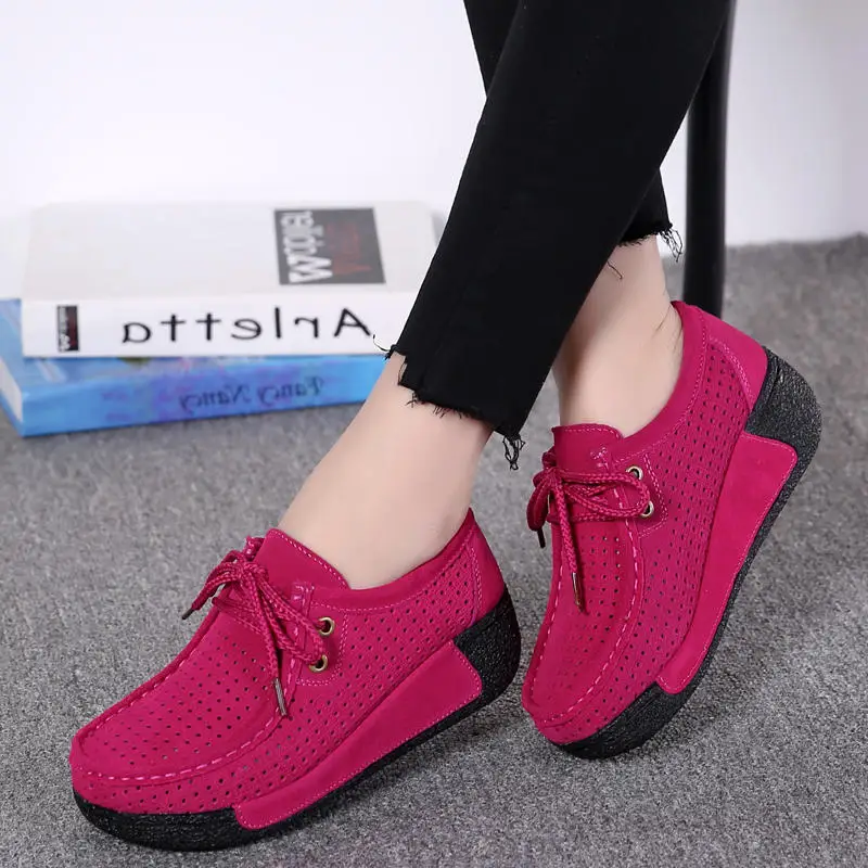 PINSEN/ г.; весенняя женская обувь; Кожаные Замшевые кроссовки на плоской платформе; обувь на плоской подошве с вырезами и шнуровкой; женские мокасины - Цвет: Красный