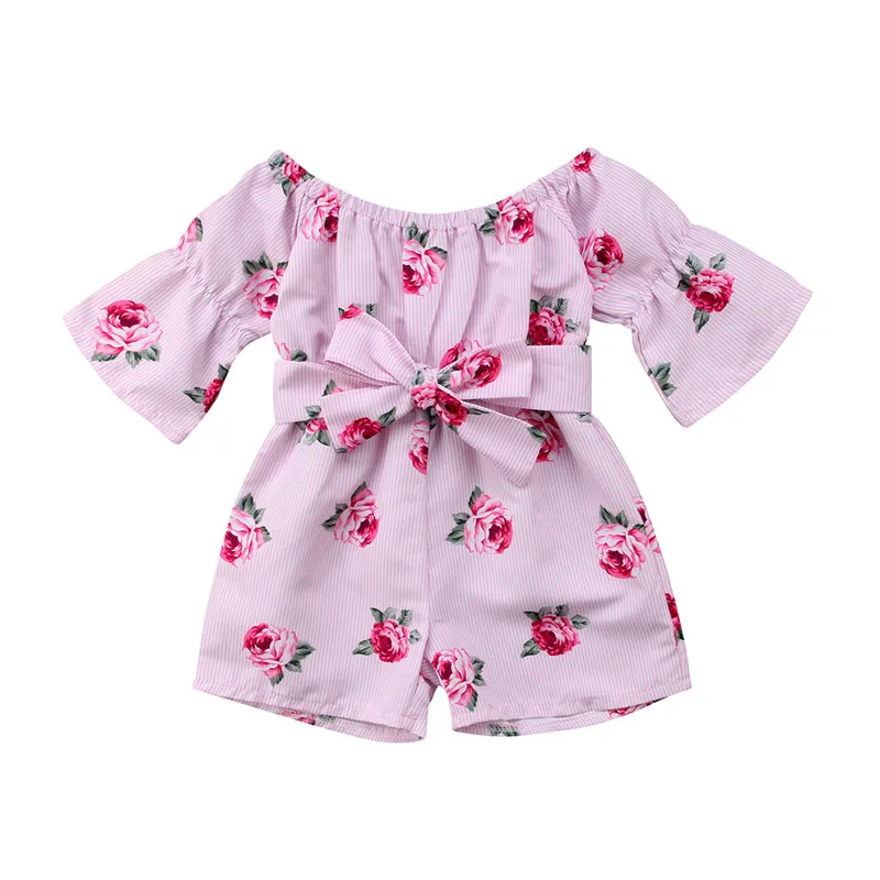 

2018 Hot sell lovely Newborn Girls Off shoulder Rompers playsuits Flower Fashion Summer jumpauit shorts Kids baby Sunsuits 6M-5T