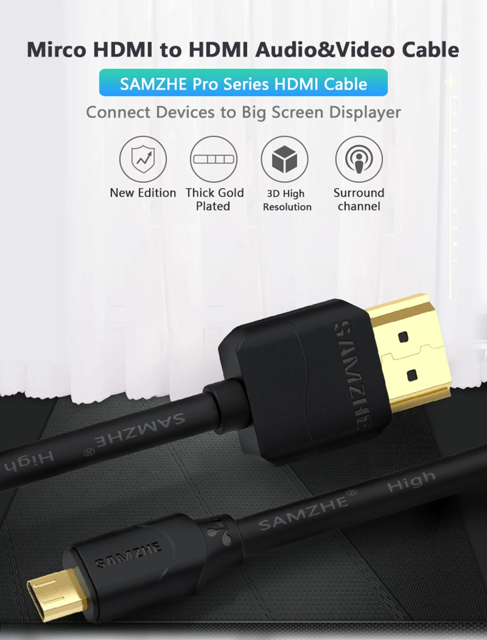 SAMZHE микро HDMI к HDMI мужчин и мужчин кабель-удлинитель для телефона Ipad подключение с большим экраном телевизора Displayer