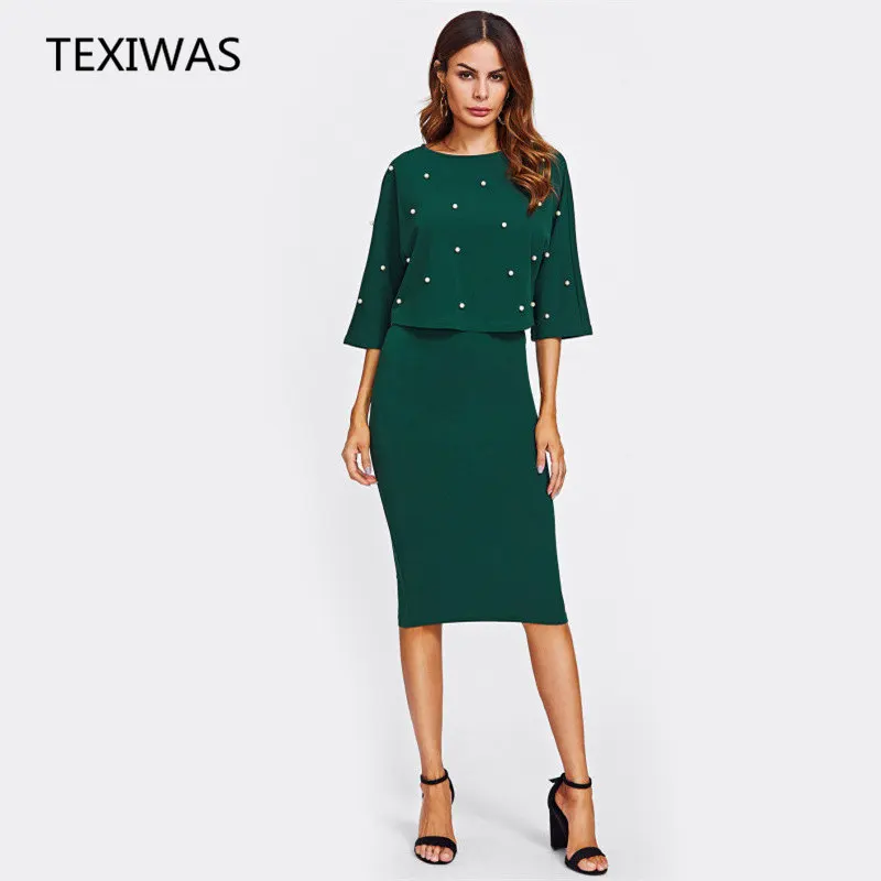 

TEXIWAS Spring Pearl Beading Slit Back Blouson skirt set Women Elegant OL 2pcs Green O Neck 3/4 Sleeve Pencil party Dress suit