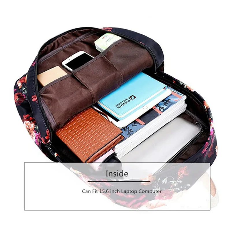 3 pcs Set Girls Flower School Backpack Kids School Bag Nylon Children Bookbag Pencil Bag Bookbag Floral Women Backpacks