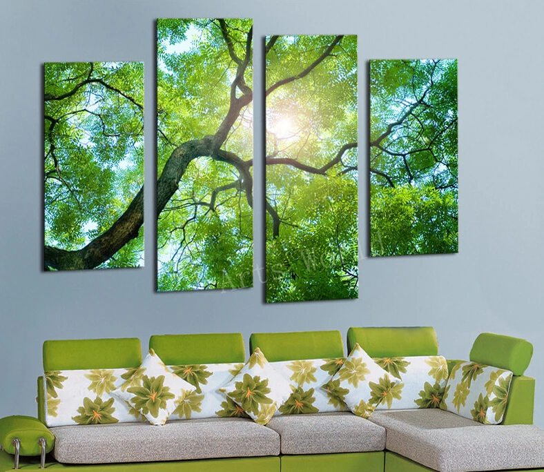 Free shipping 4 Panels Green tree Painting Canvas Wall Art Picture Home