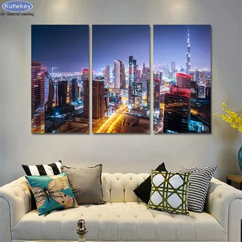 

Diy Diamond Embroidery Dubai City Building Nightscape 3 pcs 3d Mosaic Diamond Painting Cross Stitch Kits Burj Khalifa Tower