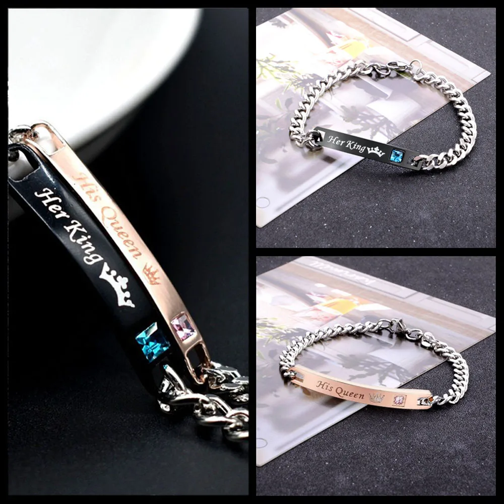 

2Pcs Fashion Alloy Couple Bracelet Lover Bracelet Matching Set His Queen Her King Couple Stainless Steel Bracelet Jewelry Gift