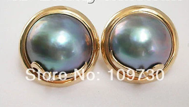 

ry00178 Slap-up 19mm real South Sea black Mabe Pearl Earrings A0422
