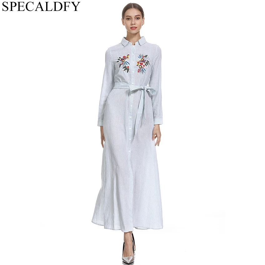 

2019 Women Clothes Spring long Shirts For Women Long Sleeve Floral Embroidery Casual Striped Shirt Dress Maxi Dresses Fobe Femme