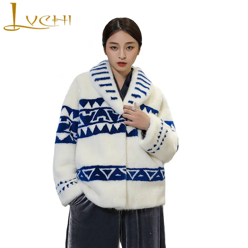  LVCHI Winter 2019 3D Print Mink Fur Coats Women's Turn-Down Collar Long Sleeve Patchwork Long Loss 