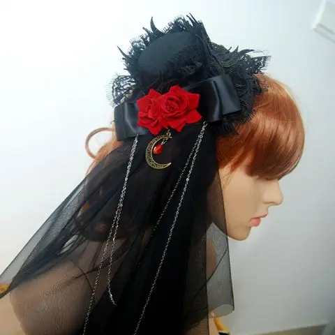 

Handmade Steampunk Mini Top Hat Hair Clip with Roses Flower Chain Veil Cosplay Hair Accessories