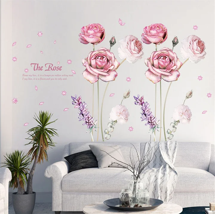 romantic pink rose flower wall stickers women salon store dining room