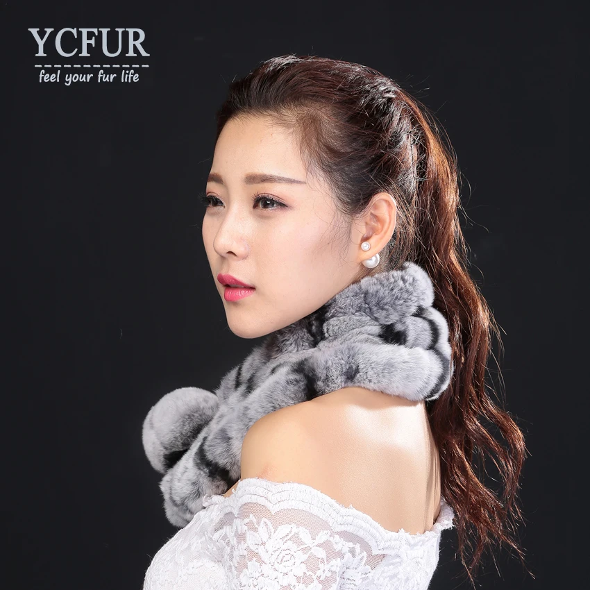 YCFUR теплые зимние шарфы, женские шарфы ручной работы из натурального меха кролика Рекс, женские шарфы с меховым помпоном, женский шарф на шею