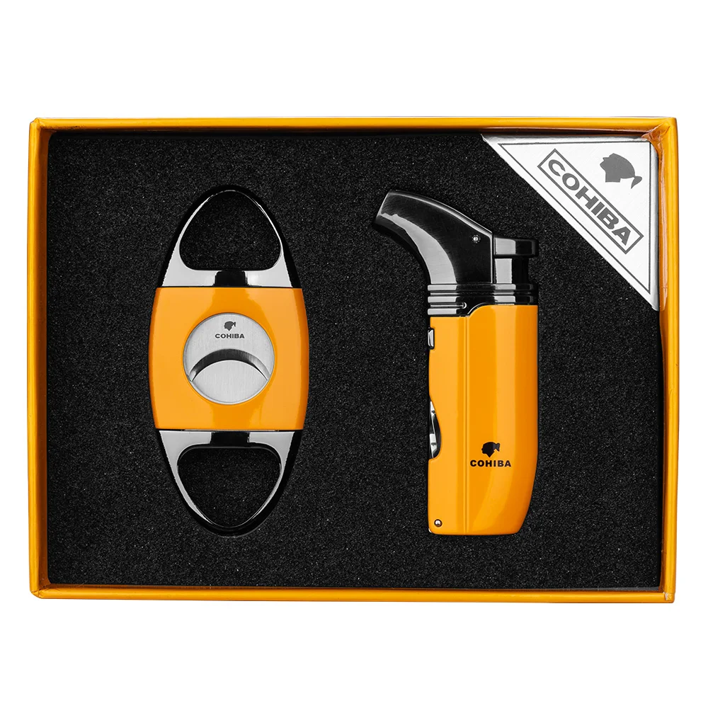 

COHIBA Gadgets Cigar Windproof Lighter 2 Jet Flame Torch Cigar Lighter Sharp Cigar Cutter Guillotine Smoking Set Gift CLT-0104