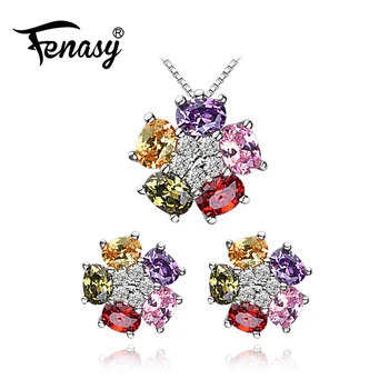 

FENASY Trendy 925 Sterling Silver Red Purple Crystal Flower Jewelry Sets For Women Necklace Earrings Paryt Anniversary Gift