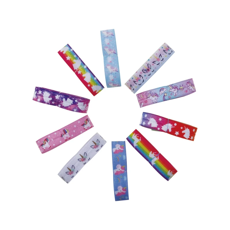 

20yards/lot 2yards each color holiday 5/8 unicorn printed FOE elastic hair accessories ribbon elastic ponytail Hair Tie Headwear