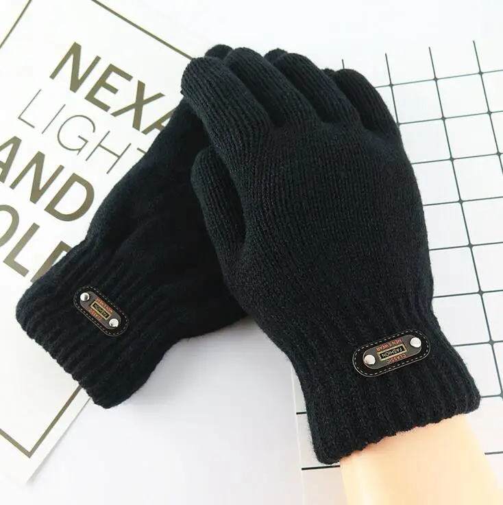 Мужские зимние двухслойные утолщенные теплые вязаные перчатки черного цвета мужские однотонные флисовые перчатки для вождения R288