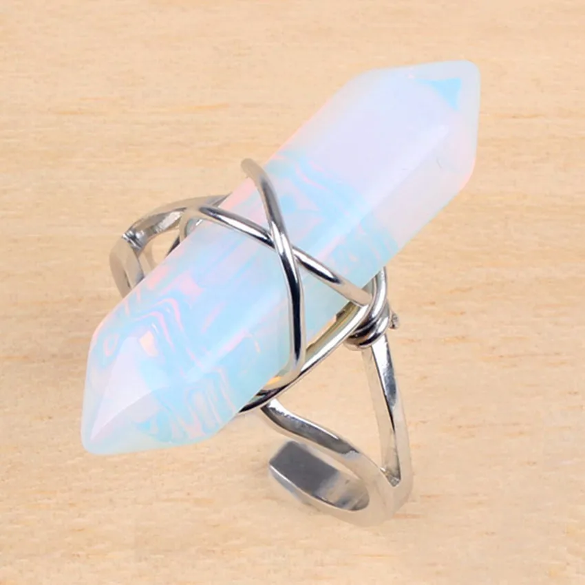 

Wholesale 10Pcs Charm Silver Plated Opal Hexagon Beads winding precious stone Adjustable Finger Ring Jewelry