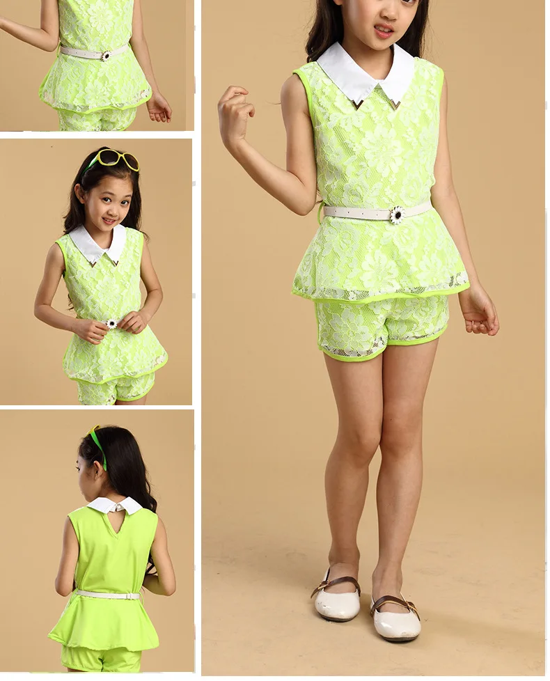 4-13Y Fashion Girls Clothes Set 2018 Summer Lace Flower Kids Outfit Girl Sleeveless Top Shorts Belt 3Pcs Suits Children Clothing (16)