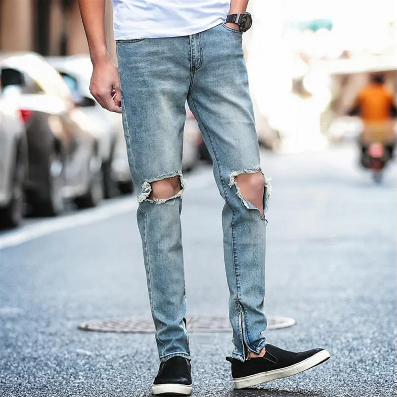 Fashion Knee Hole Biker Jeans For Men England Vintage Summer Denim Pants Ragged Jeans Light Blue Streetwear Bottom Zipper Jeans Aliexpress