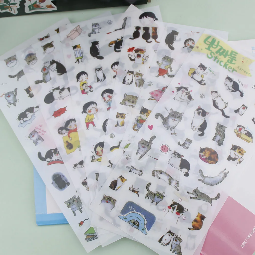 6 листов милый мини Кот ПВХ прозрачный корейский стикер украшения DIY альбом дневник в стиле Скрапбукинг этикетка Kawaii канцелярские наборы