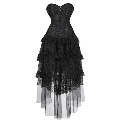 Женское Ретро викторианское готическое корсетное платье размера плюс, сексуальное черное кружевное платье с рюшами, высокая низкая юбка, винтажные вечерние длинные платья - Цвет: Черный