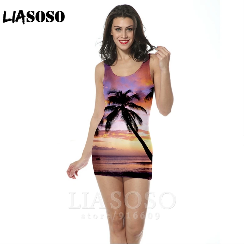

3d print sandy beach women Harajuku gown Palm Tree Sun leisure party sexy fashion summer woman's clothing Hip dress skirt A174